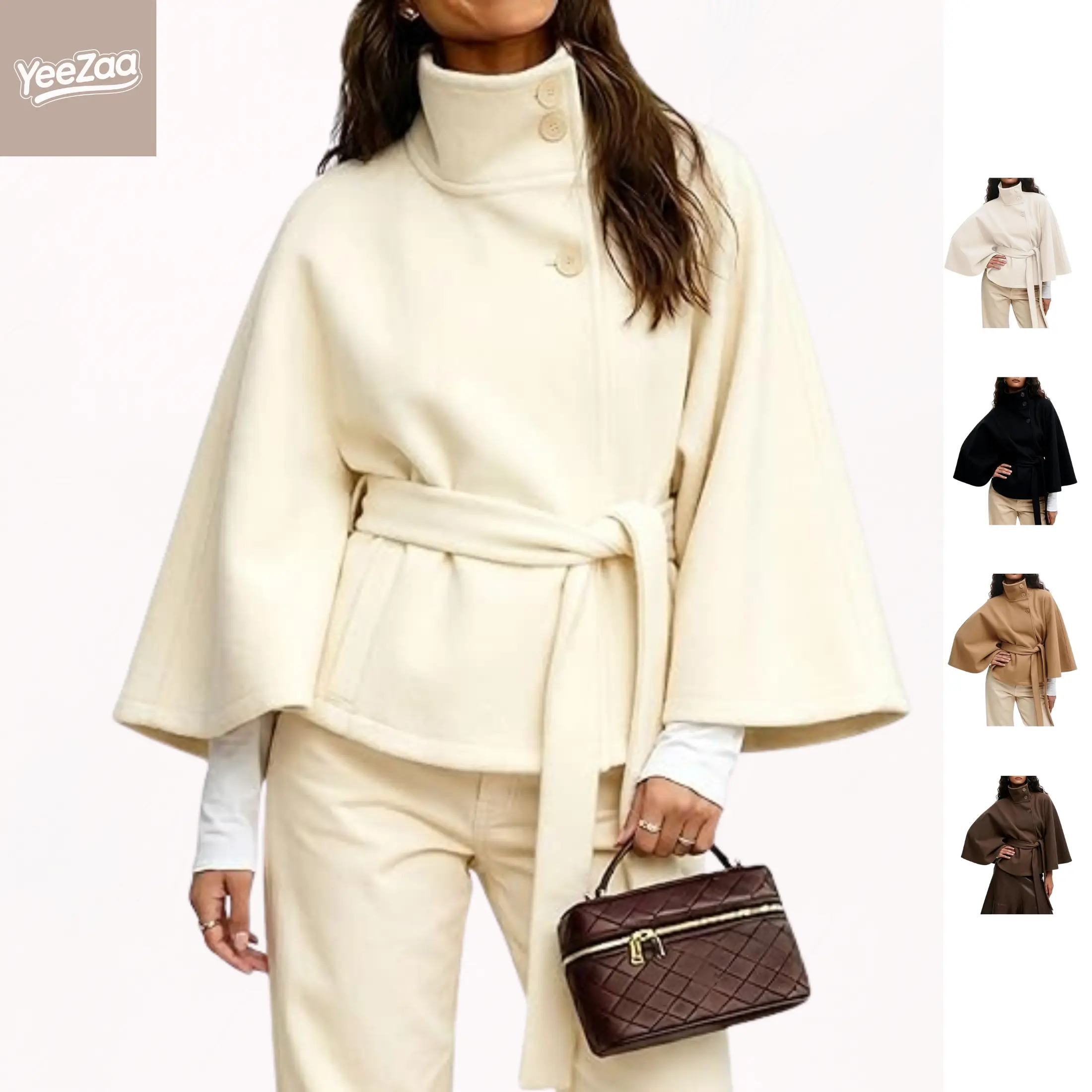 YeeZaa Poncho Pea Coat for Women Wool Blend Oversized Belted 2026 Fashion Fall Winter Elegant Stand Collar Cropped Cape Jacket Batwing Sleeve Trendy Casual  Outerwear Overcoat
