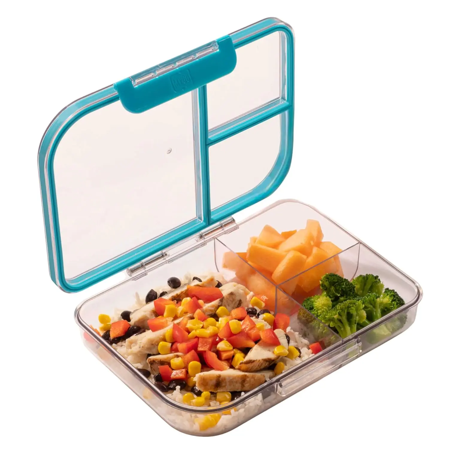 MyGo Pro Rectangular Container, 3-Compartment Clear Heavy Duty Plastic Food Storage Container, Portable Sleek Design, Spill-Resistant with Removable Gasket, 6.25" L X 9" W X 2" H, Dishwasher Safe
