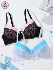 2PCS Women's Lace Underwire Push-Up Bra, Medium Support Lift and Anti‑sagging Lace colorblock Patchwork Adjustable Straps, Elegant, Comfortable Breathable, Daily Wear, Dates