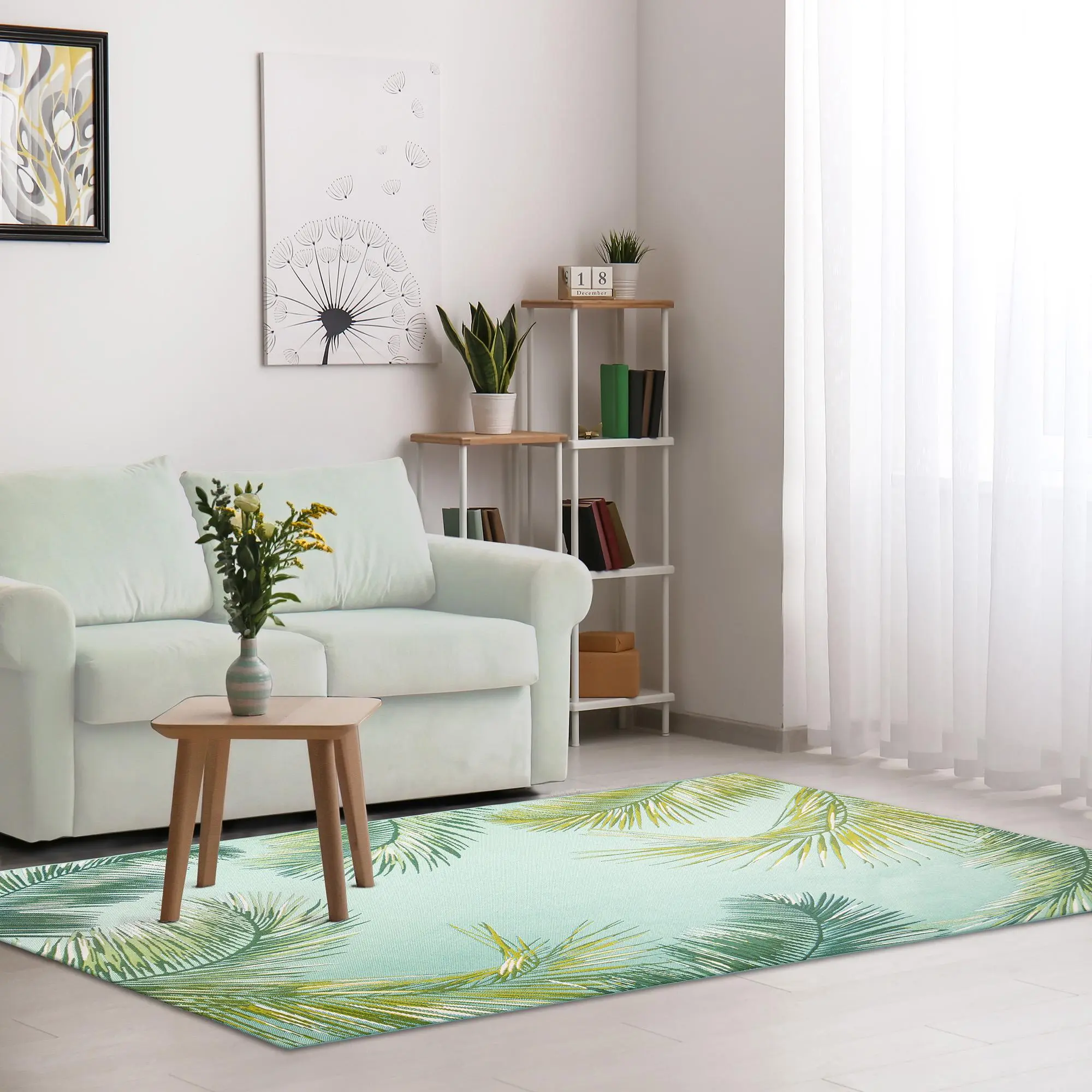 Lush Decor MARINA Power-Loomed Poly Blend Low-Profile Indoor/Outdoor Area Rug - Transitional Interior Design, Plant-Themed Tropical Botanical Leaf Palm Border Carpet