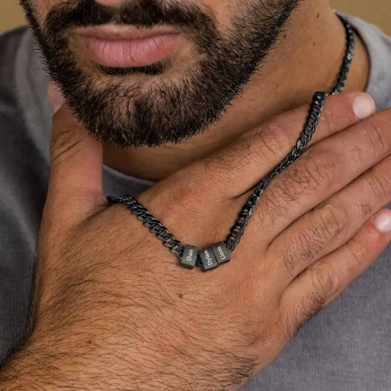Personalized Black Cuban Link Necklace - Custom Engraved Name Beads, Unisex Stainless Steel Statement Jewelry, Hip Hop Chain for Everyday Wear, Cuban Link Chain