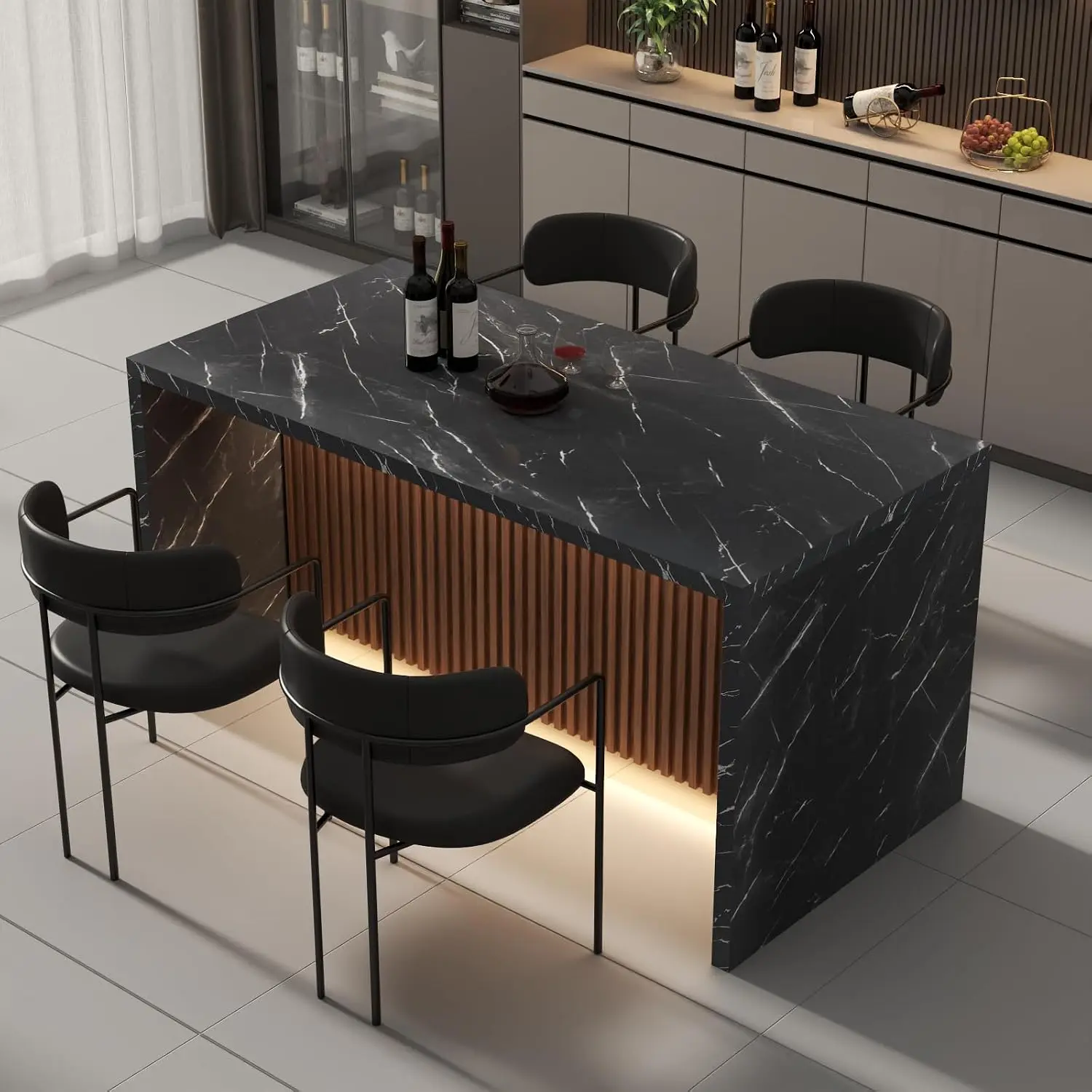Gyfimoie 63" Large Imitation Marble Dining Table for 4-6 People(Patent Pending),Island Table with LED Lights,Mordern Marble Stripes Kitchen Dining Table with Grille design for Dining Room,Living Room (Black)