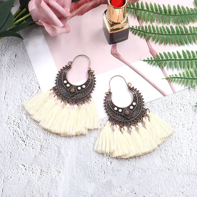 Boho Ivory/White Tassel Drop Fabric Earrings