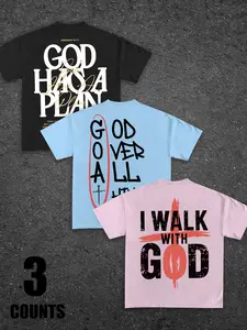 Men's Christian Faith Print 3-Pack T-Shirt Set, "God Has A Plan" & "I Walk With God" Casual Tees, Loose Fit #ChristianTeePack #FaithBasedTees #ReligiousStreetwear #3PackTees #TikTokMadeMeBuyIt