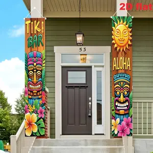 2DFlat2pcs TIKI BAR Hawaiian Style Door Banner, Party Decorations Banners, Party Decor Design, With Tiki Mask, Tropical Flower and Wood Grain Elements, Ideal for Hawaiian Themed Party, Pool Party, Outdoor Bar Decoration, Multi-Size Available