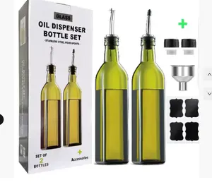 2 Pcs Green Glass Olive Oil Dispenser and Vinegar Dispenser Set with 2 Stainless Steel Pourers, 4 Labels, 1 Brush, 1 Funnel (500ml) for Kitchen, Cooking, Salad Dressing, Barbecue, Mixing