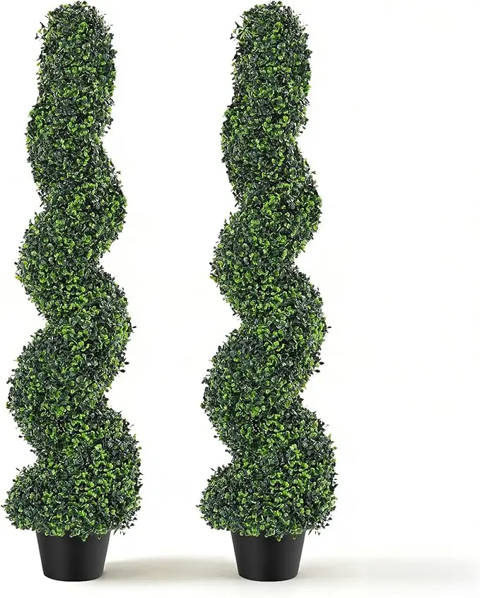 4FT UV-Resistant Fade-Resistant Artificial Boxwood Leaf Spiral Topiary Trees (Set of 2 with Pots) - Durable, Elegant Faux Evergreen Shrubs, Casual Gift for Garden/Ivy Decor, Front Porch, Balcony Home Use (Indoor/Outdoor)