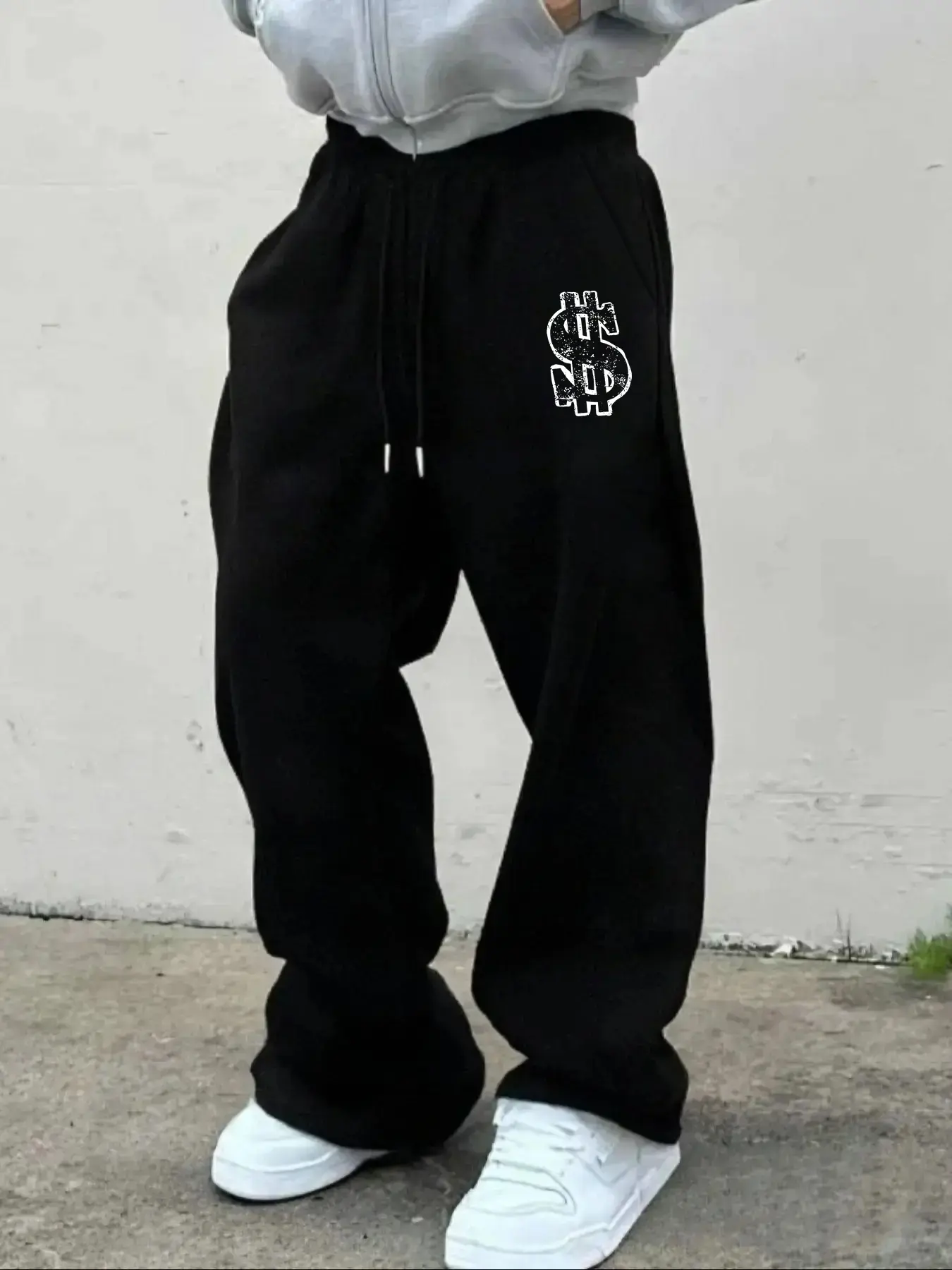Men's Knit Sweatpants with Us Dollar Print, Elastic Waist and Straight Leg Design, Comfortable for Skateboarding, Casual Gatherings, Spring & Fall, Letter Print Sweatpants