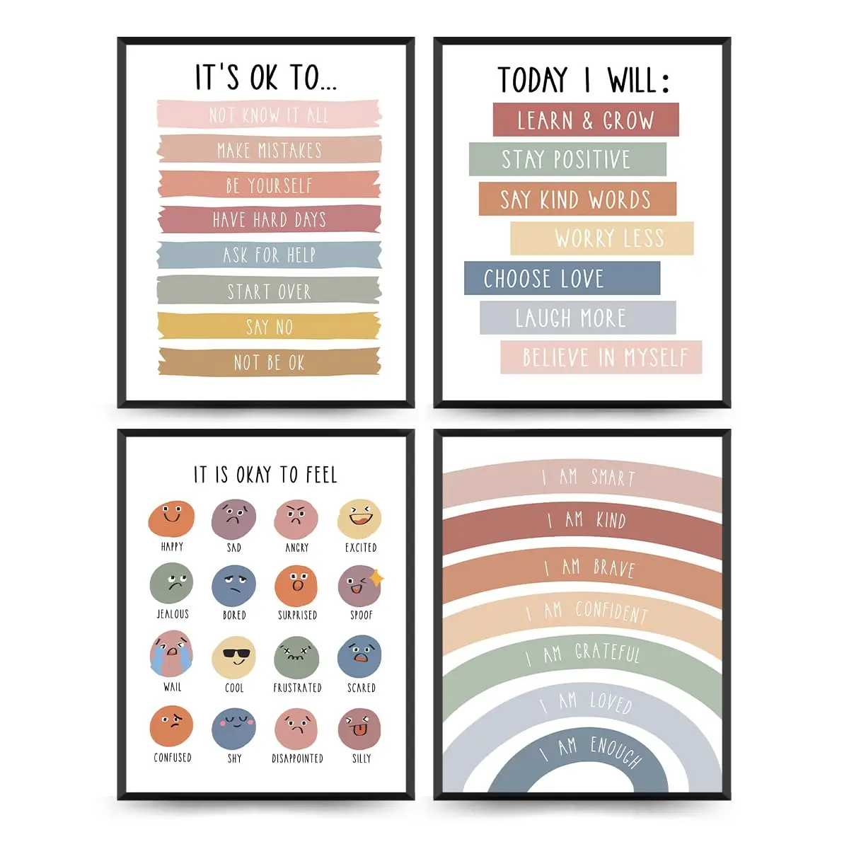 Boho Rainbow Wall Art Set Of 4  Inspirational Kindness Posters For Room Mental Decor Classroom 8x10 Inch Unframed