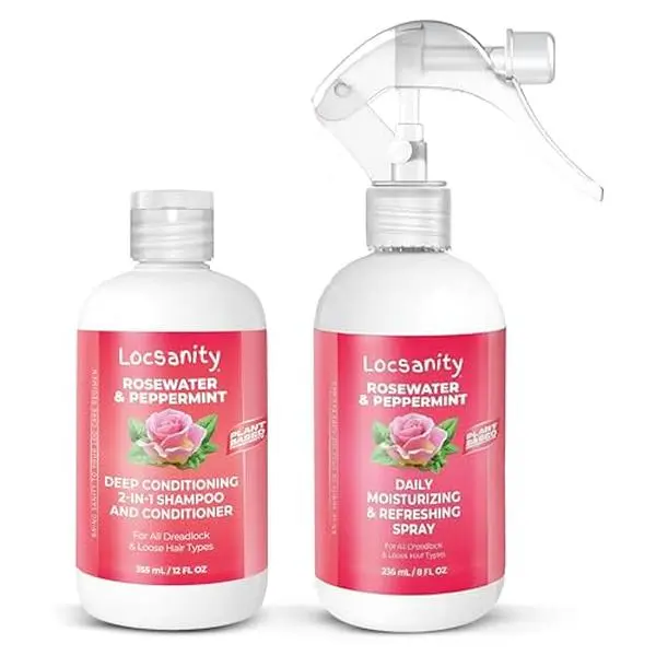 LOCSANITY Loc Care Haircare Kit - Rosewater & Peppermint 2-in-1 Cleanser & Gentle Conditioner, Hydrating Daily Spray, Nourishing Moisturizer for Traditional Locs & Natural Hair, Lightweight, Hydration Boost for Hair Wash Day, Dreads, Shampoo And Condition