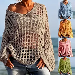 Women's Casual Everyday Loose-Fit V Neck Top, Hollow Out Design, Polyester Knit Fabric, Hand Washable, All Season Wear, Knitwear