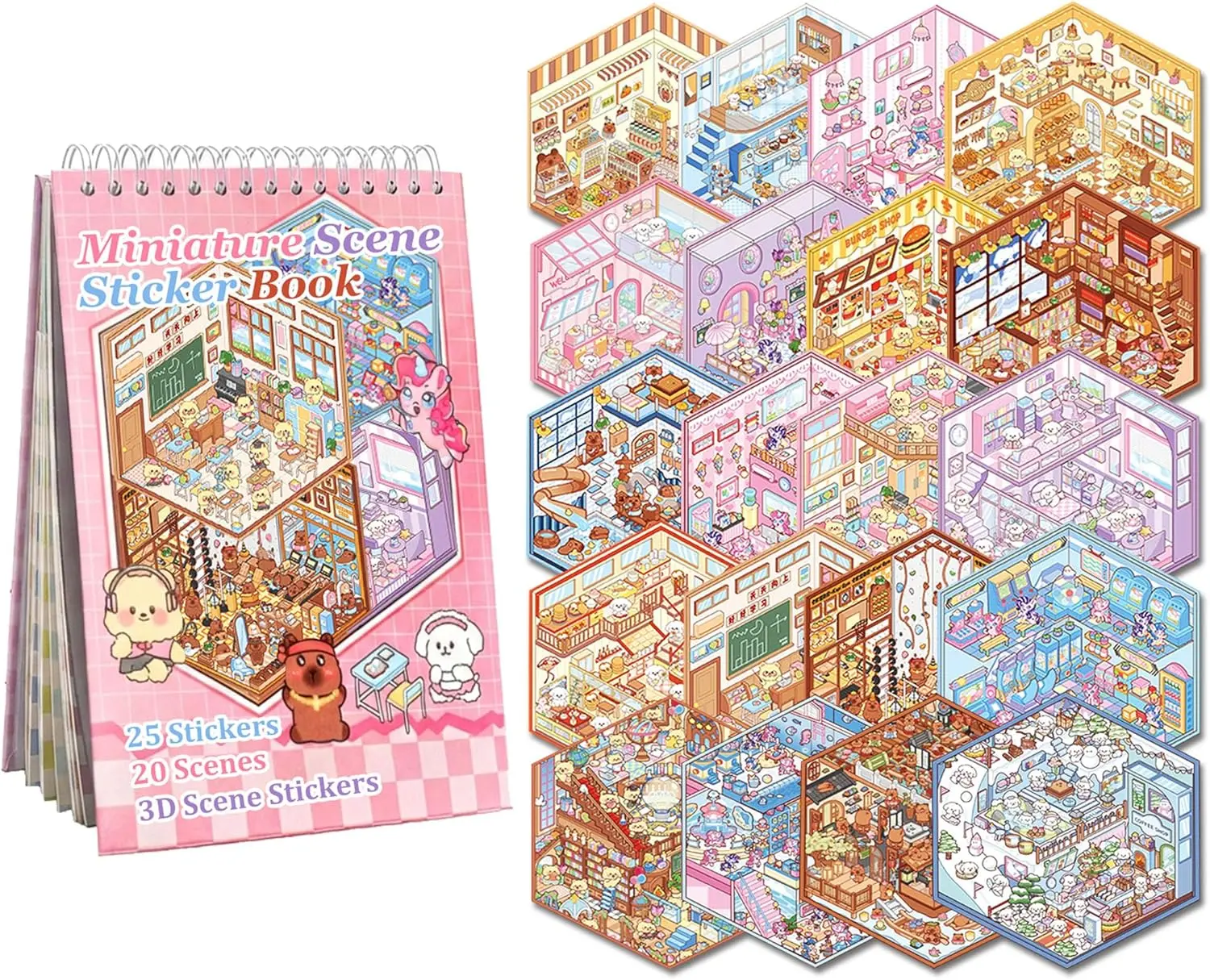 20 Sets DIY 3D Sticker Scene Collection Book for Kids Adults Cute Make Your Own Shop House Stickers for Gifts Stickers Therapy for Adult Relief Stress Pass The Time Play Park Hamburg Castle Library