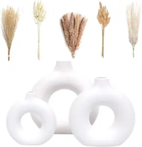 Set of 3 White Ceramic Vases with 65 Dried Pampas Grass Stems | Modern Boho Home Décor