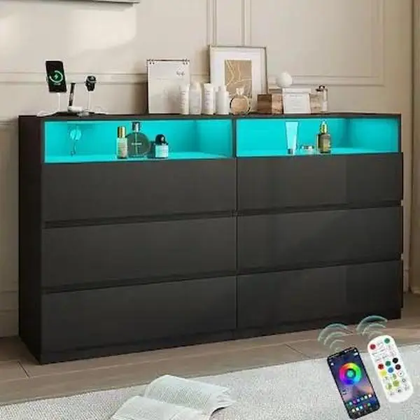Vipbear - 6-Drawer Double Dresser with Power Outlet & LED Lights, Wide Storage Chest with Open Shelving -  Black