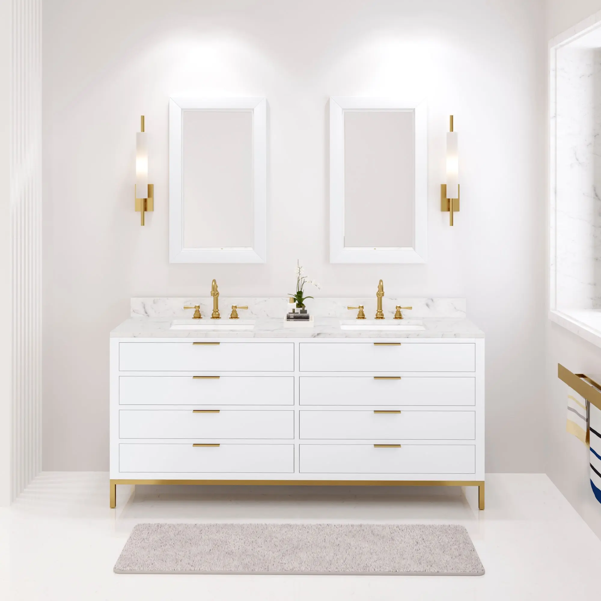 Water Creation Bristol 72" Double Sink Carrara White Marble Countertop Bath Vanity in Pure White with Satin Gold Hook Faucets