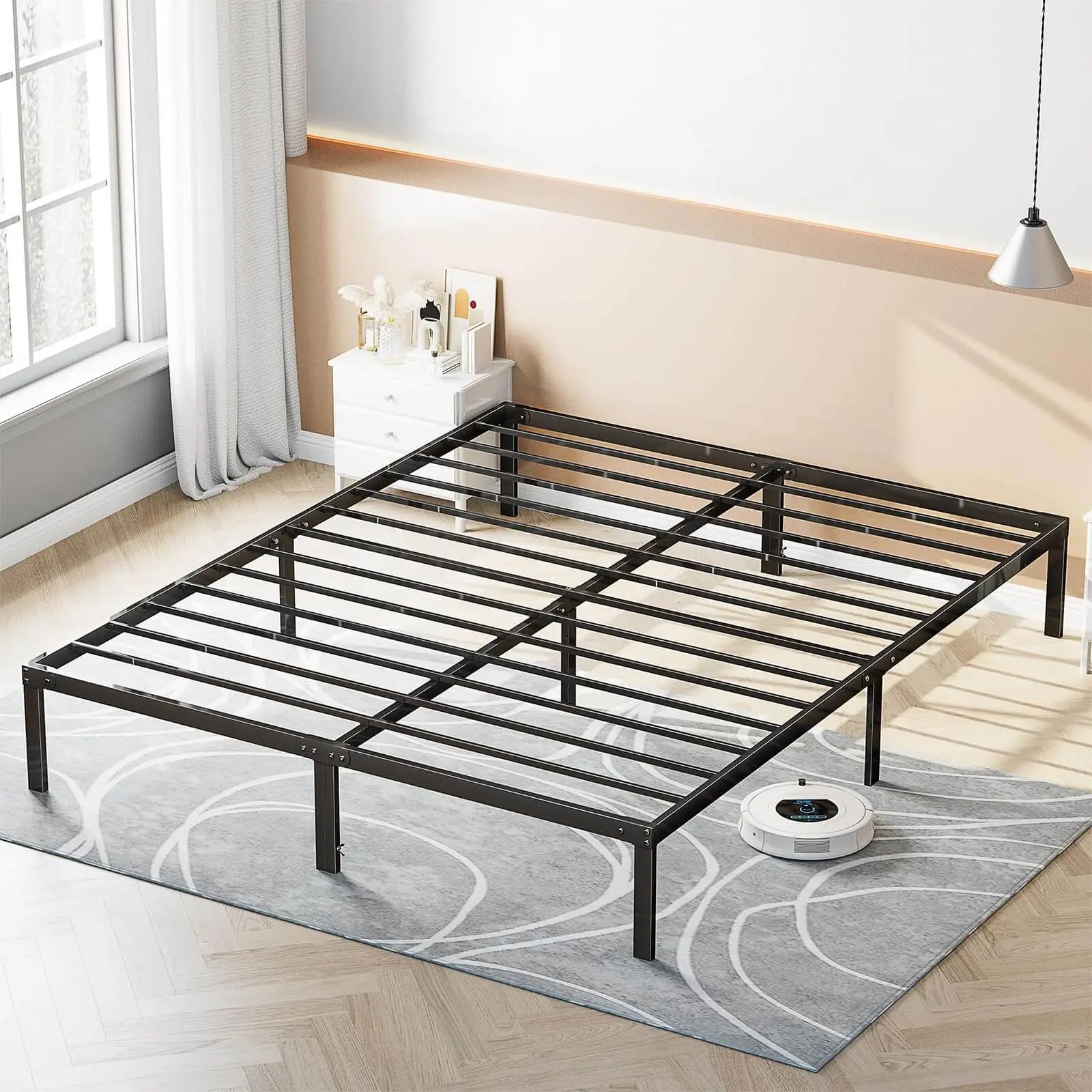 Bed Frame Heavy Duty Metal Platform Bed Frames with Storage, Queen Size Bed, 14 inch, Noise Free, Heavy Duty Steel, No Box Spring Needed, Anti-Slip, E