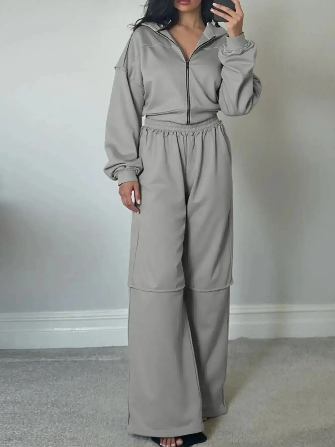 Solid Zip Up Hooded Sweatshirt & Pocket Elastic Waist Pants Two-Piece Set, Basic Drop Shoulder Long Sleeve Top & Trousers for Fall Winter, Daily Wear Ladies Clothing, Coordinated Look Cozy Sophistication Athleisure Style