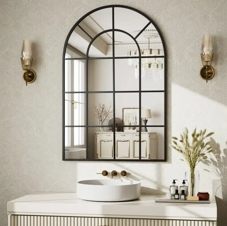 BEAUTYPEAK 36" x 24" Arched Windowpane Mirror Decor Wall Mirror, Black