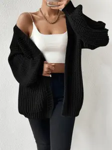 Women's Solid Loose Drop Shoulder Long Sleeve Sweater Cardigan, Casual Open Front Knitwear for Fall & Winter, Women's Knit Clothing for Daily Wear Everyday Tops