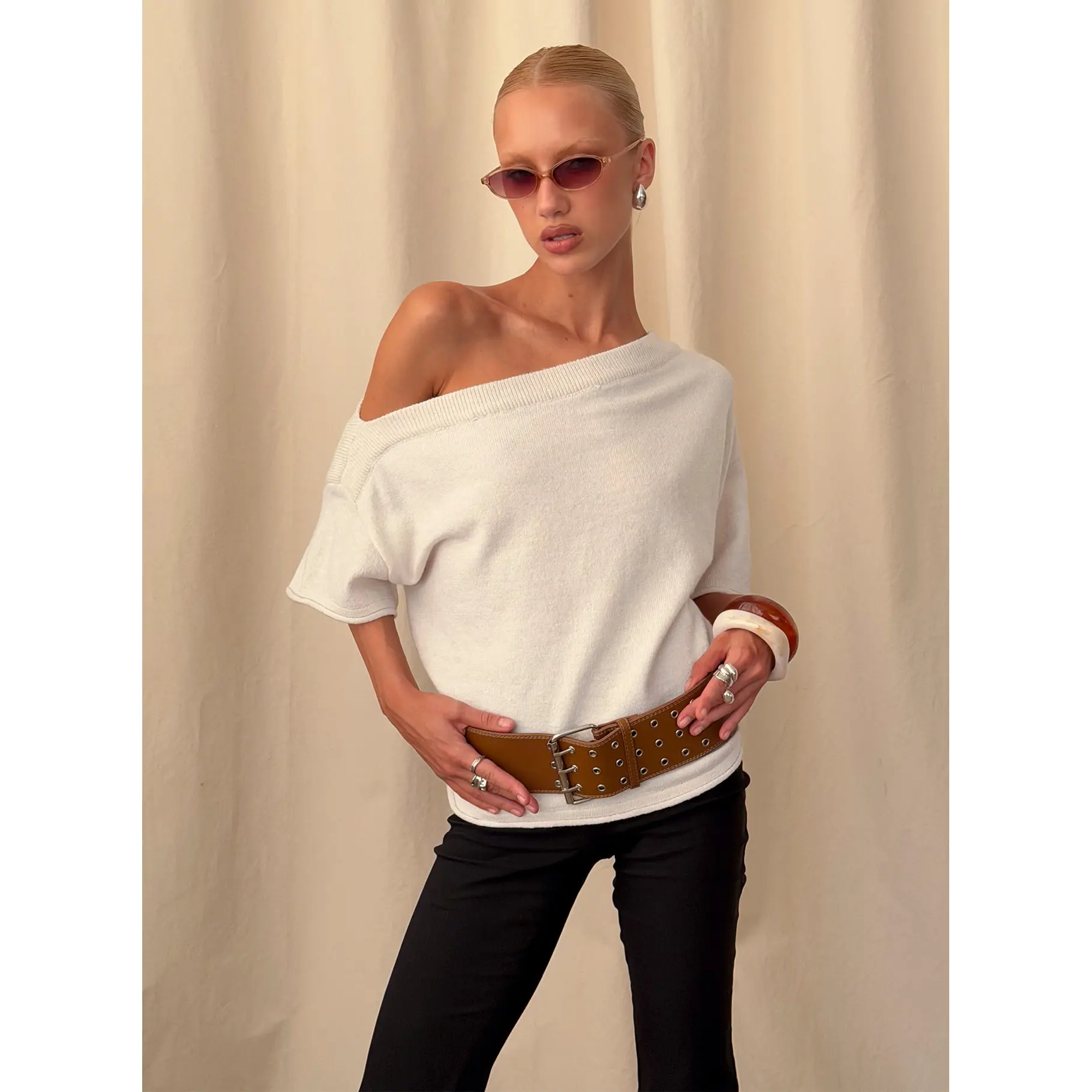 Kourta Off Shoulder Oversized Knit Top Oat