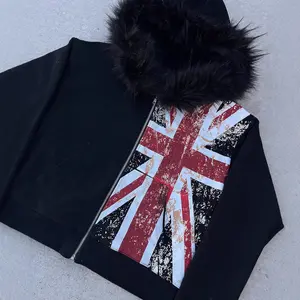 Fur Collar Print Zipper Sweater Long Sleeve Pullover Hoodie Retro Jacket Street Trend Y2k