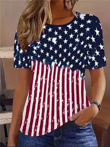 Women's Flag-Printed American Independence Day Casual Streetwear Fashion Elegant Vacation-Style Round-Neck Short-Sleeve T-Shirt