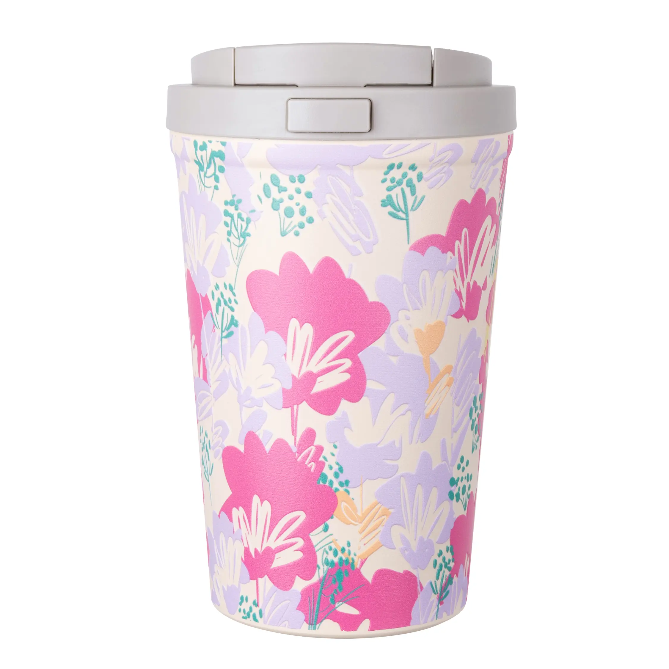 A colorful stainless steel travel mug (380ml capacity), featuring a one-touch opening mechanism for instant drinking. Completely leak-proof, it is ideal for use in vehicles and supports convenient one-handed operation.