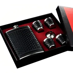 6pcs Braided Leather Hip Flasks for Liquor, 9 Oz Wine Bottle Set,Stainless Steel Leakproof Thin Flasks with Funnel and 4 Pc Cup, Birthday Gifts For Men And Women Bottle Drinkware (Matte Black)