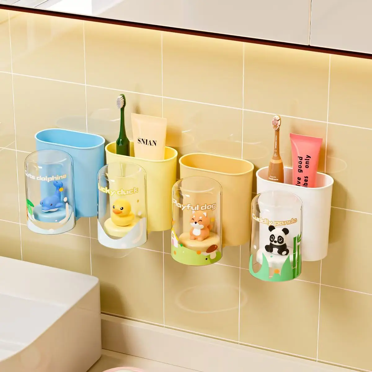 Cartoon Toy Toothbrush Holder Wall Mounted No Drilling Family Dental Set Kids Mouthwash Cup Toothbrush Rack Bathroom Accessory Toothbrush Storage Toothbrush Organizer Toothbrush Holders For Bathrooms