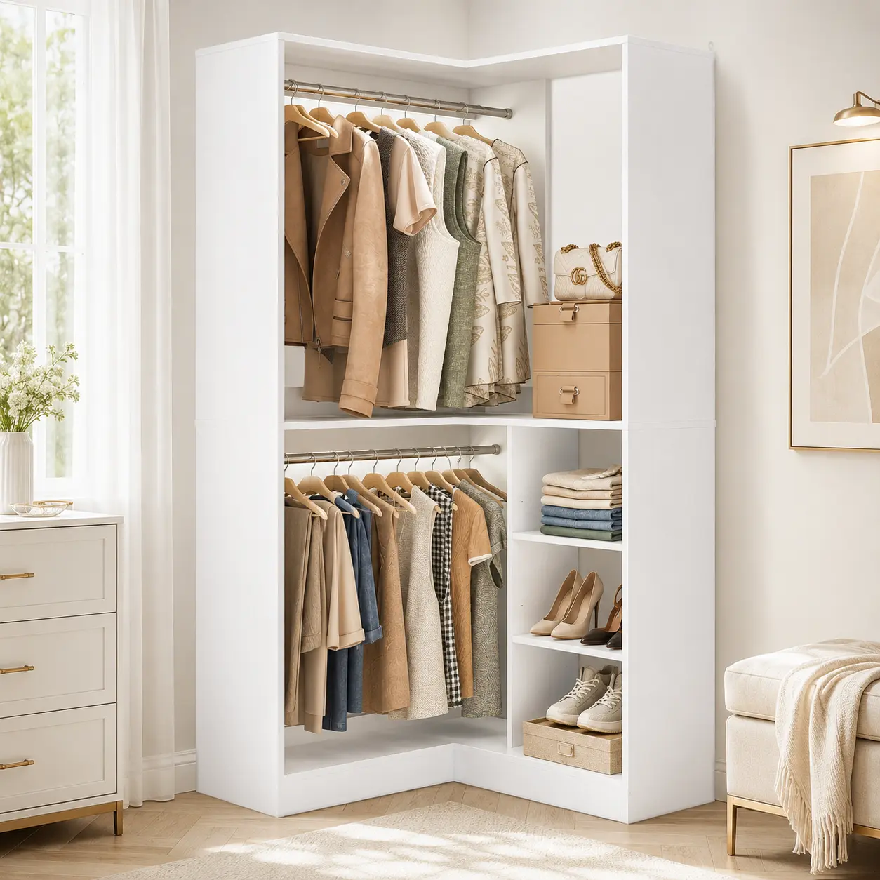 Homieasy 36'' Corner Storage Cabinet, Walk-In Closet Organizer System Set with 2 Hanging Rods and Storage Shelves, Large Freestanding Closet Organizer System, White Corner Closet Organizer with Rods for Organizer Storage Wardrobe Armoire