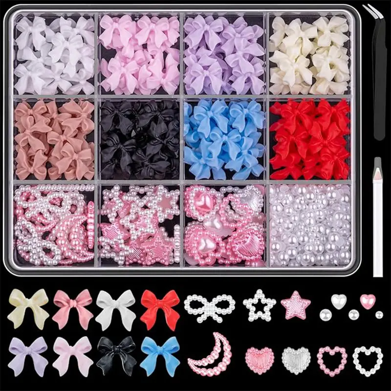 12grid/box Mixed Bowknots Nail Art Decorations 3d Resin Charms Kawaii White Pink Bow Rhinestone Nail Art DIY Manicure Tools Nail Kit Set Handmade Reusable Nails