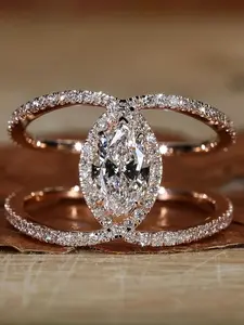 Luxurious Vintage Wide Band Dual Layer Rose Gold Plated Zirconia Women's Elegance Wedding Ring, Geometric Design, All Seasons Jewelry, Artificial Sparkling Zircon Inlay