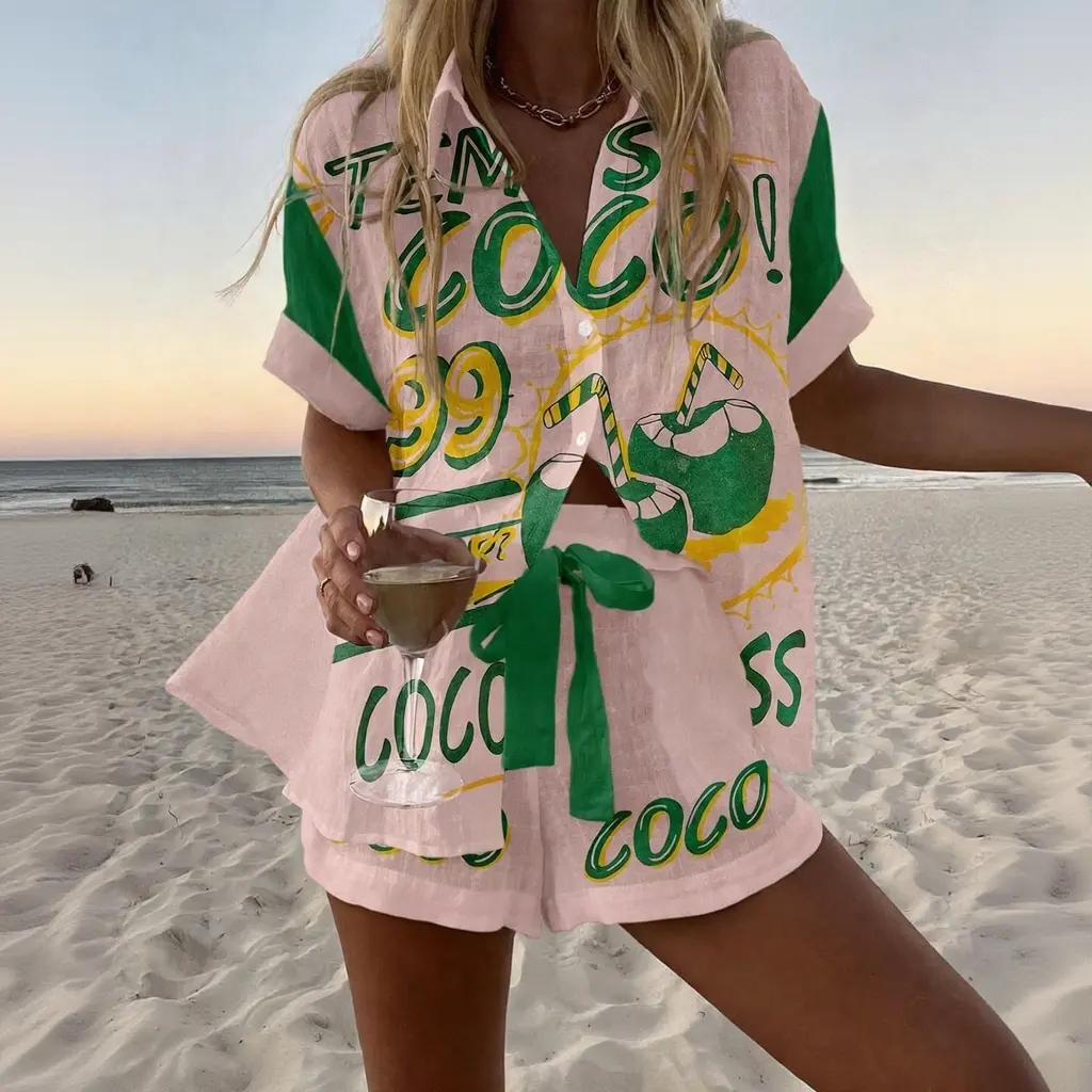 Stylish Two-Piece Set: Retro Coconut Print Vacation Outfit — Beach-Style Wide-Leg Two-Piece Ensemble. Holiday Resort Wear in Pink. Sizes S–5XL.ss