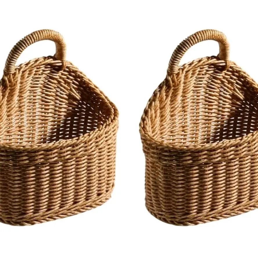 SWAEAZR 2-Pack Woven Hanging Wall Baskets with Handles, Decorative Storage Bin & Shelf Organizer for Home Office, Ideal for Plant Display