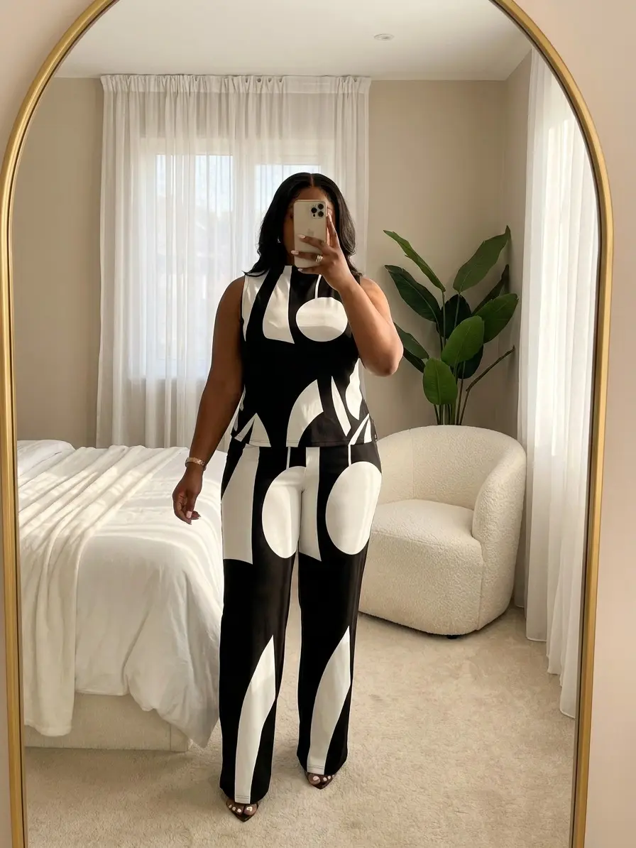Women's Plus Size 2 Piece Pant Set - Elegant Striped Sleeveless Mock Neck Top and Loose Fit Wide Leg Trousers, Elegance, Everyday, Style, Plus Size Clothes, Female, Print, 2 Pcs Set, Woman 2 Piece Set, 2 Piece Set