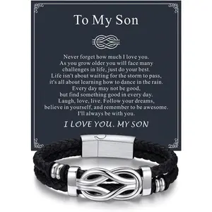 Infinity Love Knot Bracelet for Men Black Leather Love Link Cuff Bracelet Mens Gifts for Father's Day Birthday Anniversary Christmas