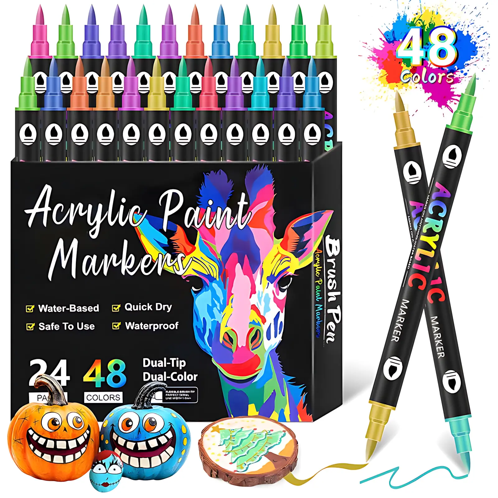 Dual-Tip Acrylic Markers - 24/48/72-Color Quick-Dry Waterproof Paint Pens with Brush & Fine Tips for Rock, Wood, Canvas - Household Art Supplies Accessory for DIY Crafts, Creative Gifting