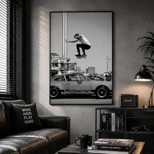 Vintage Porsche 911 Carrera Wall Art, Skateboarding Wall Art, Skater Jump Over Car Poster, Black White Street Photography Print