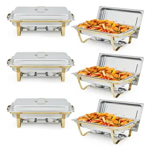 8QT Rectangular Stainless Steel Chafer Buffet Servers and Warmers Set (6-Piece) with Sturdy Lid, Foldable Frame, Insulated Gold Tray, Pans, Rectangular Casserole Dish for Catering Supplies, Desserts