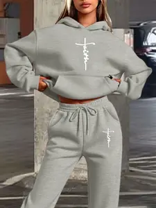 Women's Hooded Sweatshirt Set, Fall & Winter Warm, Fitted, Faith Cross Style Letter Print, Casual Artistic Style, Daily Wear, Religious Theme Parties