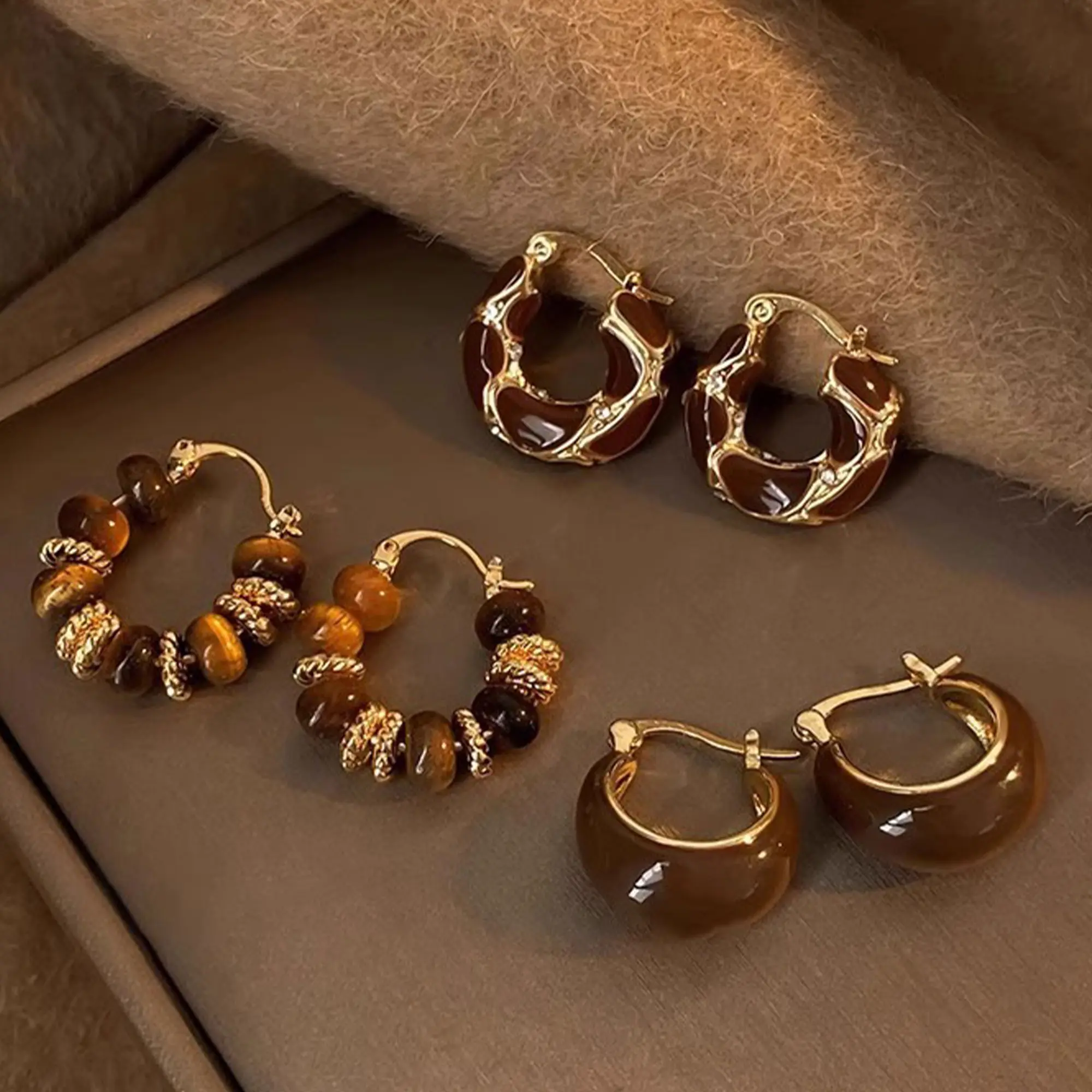 Women's 3-Pair Elegant Tiger Eye Stone Hoop Earrings Set - Geometric Design Resin Dripping Oil Style Jewelry for Daily Wear, Parties, Female Jewelry Making Supplies