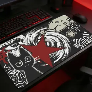 Dark Punk Mouse Pad Grunge Red Star Cat Art Desk Mat Alt Aesthetic Gaming Mat, Emo and Indie Setup Lovers Anime Lover Gift