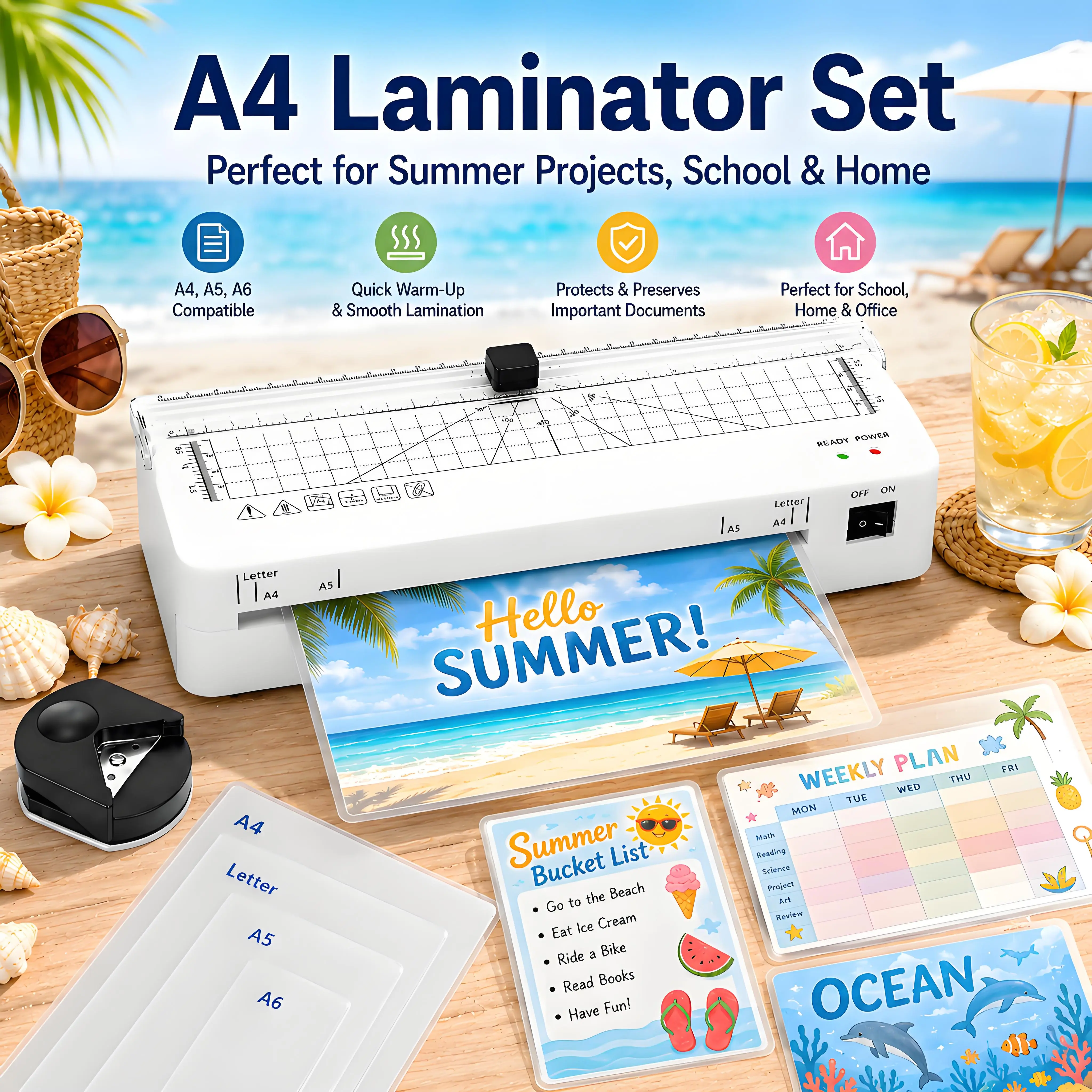 A4 Laminating Machine with Integrated Cutter 60s Warm-Up, Never Jam Technology, Safe Reliable Portable Laminator for Photos Docs Cards Tags, Lightweight 0.8kg Compact Design, all in one laminator, laminatorkit, Laminating Ideal for Home Office School