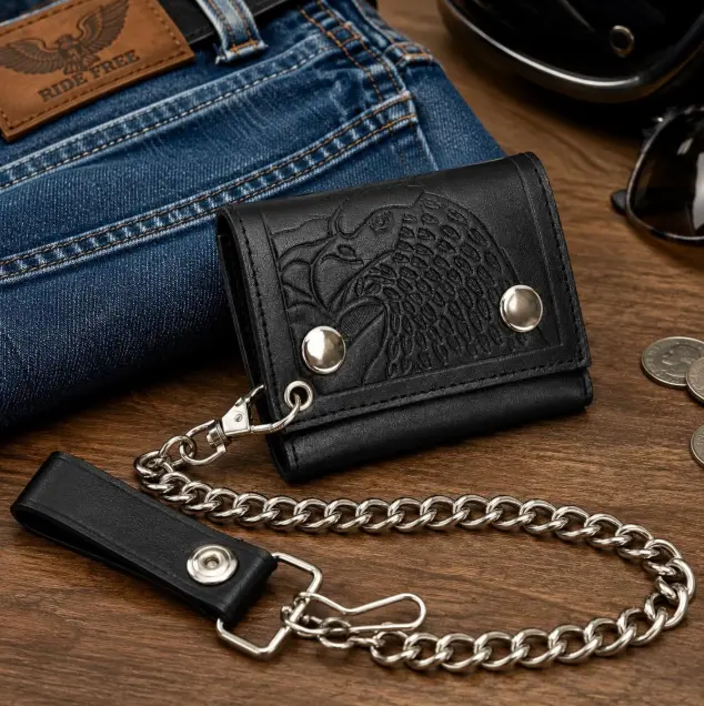 Genuine Leather Trifold Wallet with Chain Eagle Embossed Biker Wallet | Men's Black Leather Chain Wallet | Snap Closure Gift for Him