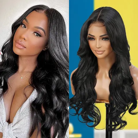GLAM21USA The Stylist Bella 27" Loose Wave Wig, 13x6 Invisible HD Lace Frontal, Pre-Plucked Human Hair Master Mix, Heat-Resistant for Touchups, Synthetic Blend Hairpiece
