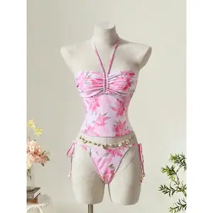 2026 New Print Lace Up Bikinis Women Split Swimsuit Beach Brazil Bikini  Backless Bikinis 2 Piece Set,Summer Vibes