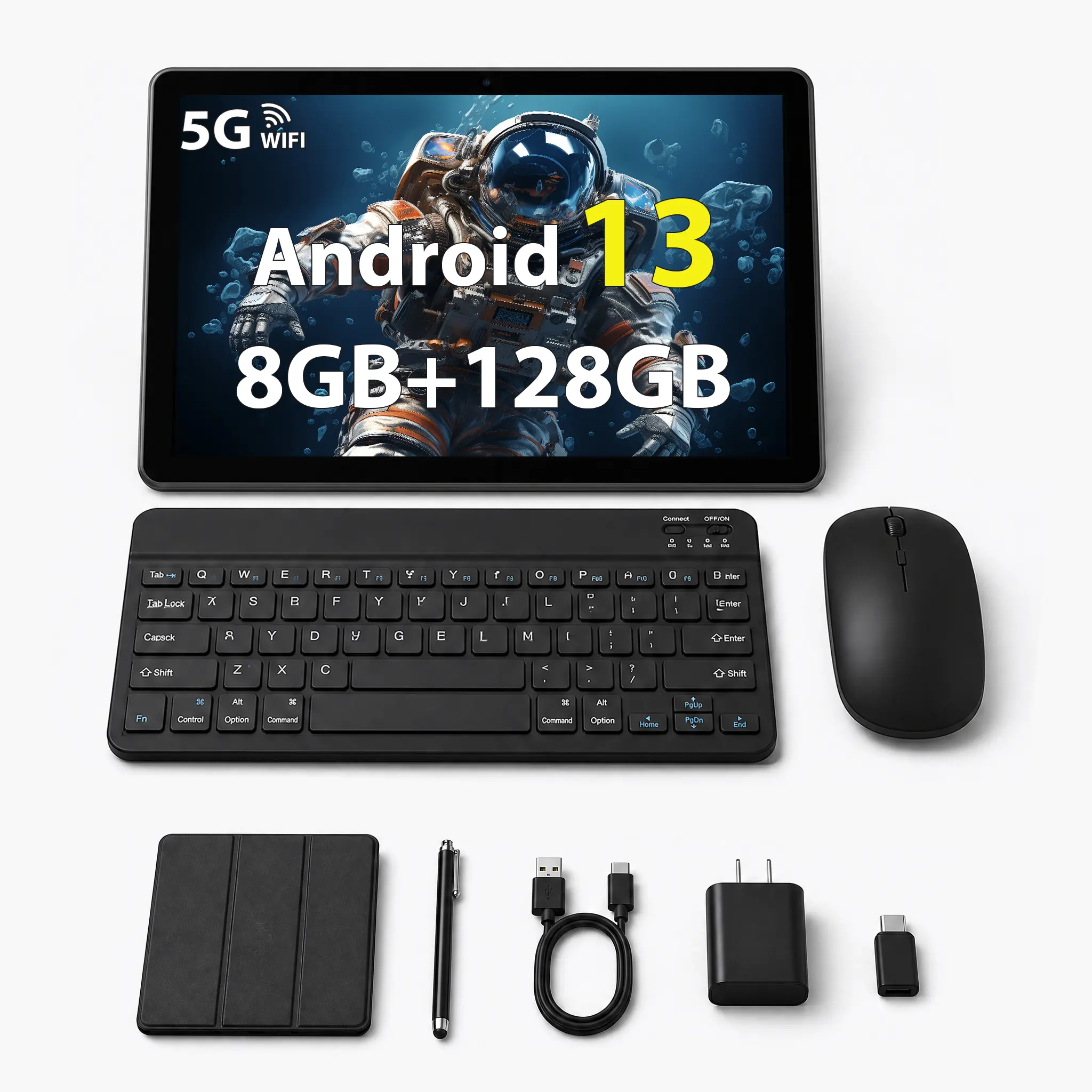 Android 13 Tablet 10.1 Inch with Keyboard Mouse Case, Metal Body Tablet PC, 128GB ROM, 6GB RAM Quad-Core Processor, 8000mAh Battery, IPS HD Display, 8MP+13MP Camera, WiFi Bluetooth Tablet for Work, Study and Entertainment