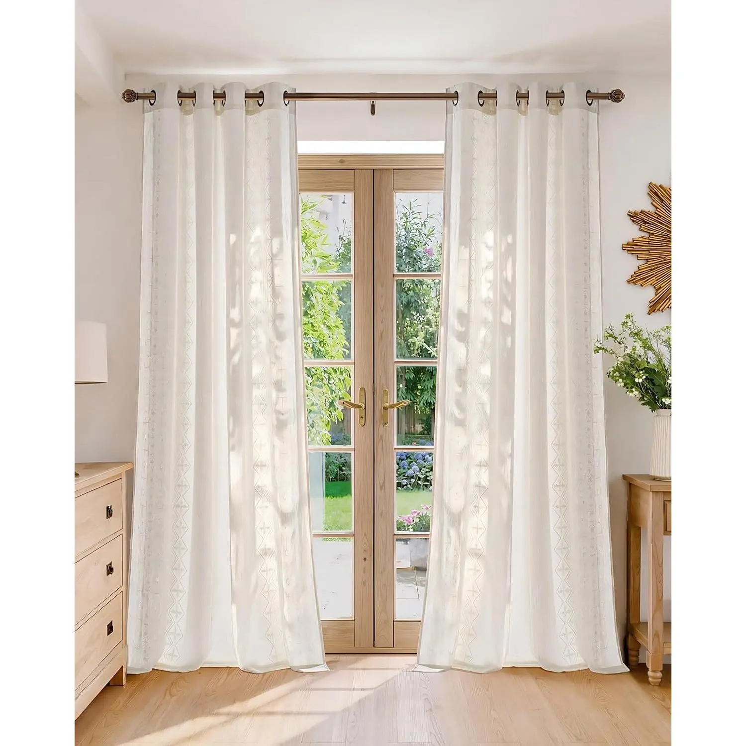 NICETOWN Boho Embroidered Linen Textured Curtains, Geometric Pattern Window Treatment for High Ceiling, Living Room/Loft