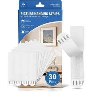 30 Pairs Heavy Duty Picture Hanging Strips - Large Adhesive Wall Hooks for Frames and Posters, Damage-Free No Nail Picture Hangers, Easy Removal, Refill Mounting Strips for Wall Decor