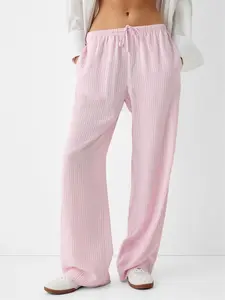 Women's Striped Print Drawstring Waist Wide Leg Pants, Casual Pocket Trousers for Daily Wear, Ladies Bottoms for All Seasons, National Day Clothing, Baggy Pants